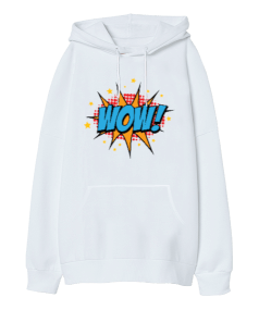 Çizgi Roman WOW Text Baskılı Oversize Unisex Kapüşonlu Sweatshirt