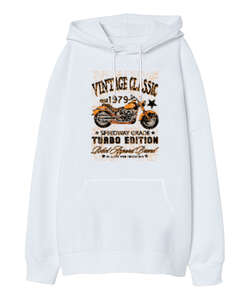 Classic Vintage Motorcycle - Klasik Motorsiklet Beyaz Oversize Unisex Kapüşonlu Sweatshirt