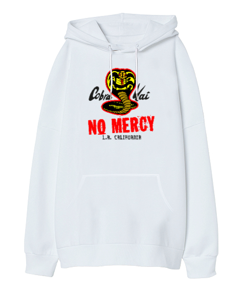 Cobra Kai No Mercy V2 Beyaz Oversize Unisex Kapüşonlu Sweatshirt