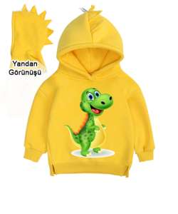 Çocuk Dinzorlu Sarı Çocuk Dinozor Kapşonlu Hoodie