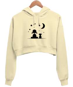 Çocuk Köpek ve Gece Gökyüzü Krem Kadın Crop Hoodie Kapüşonlu Sweatshirt