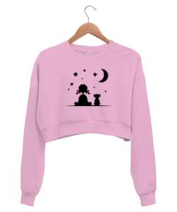 Çocuk Köpek ve Gece Gökyüzü Pembe Kadın Crop Sweatshirt