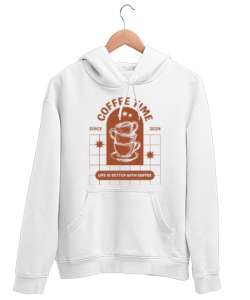 COFFE TIME Beyaz Unisex Kapşonlu Sweatshirt