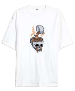 Coffee Cup Head - Skull Beyaz Oversize Unisex Tişört