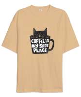 Coffee is my safe place Camel Oversize Unisex Tişört - Thumbnail