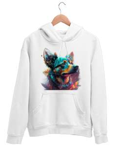 Çok Rekli Köpek Yüzü Beyaz Unisex Kapşonlu Sweatshirt