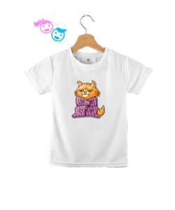 Çok üşüyen kedi baskılı Beyaz Çocuk Unisex