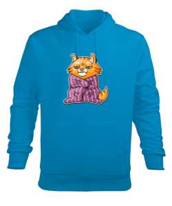 Çok üşüyen kedi baskılı Turkuaz Erkek Kapüşonlu Hoodie Sweatshirt