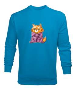 Çok üşüyen kedi baskılı Turkuaz Erkek Sweatshirt