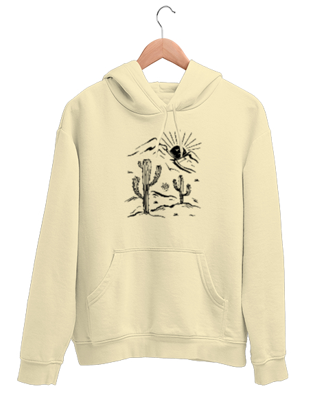 Tisho - Çöl Çizim - Kaktüs Krem Unisex Kapşonlu Sweatshirt