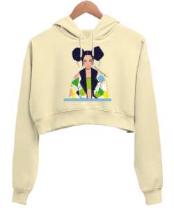 Collage portrait Krem Kadın Crop Hoodie Kapüşonlu Sweatshirt