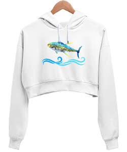 Color Fish - Renkli Balık Beyaz Kadın Crop Hoodie Kapüşonlu Sweatshirt