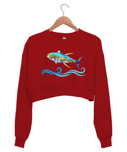 Color Fish - Renkli Balık Kırmızı Kadın Crop Sweatshirt