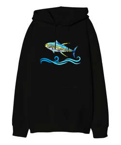 Color Fish - Renkli Balık Siyah Oversize Unisex Kapüşonlu Sweatshirt