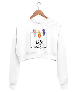 Colorful Life Beyaz Kadın Crop Sweatshirt