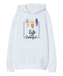 Colorful Life Beyaz Oversize Unisex Kapüşonlu Sweatshirt