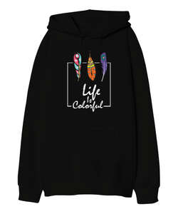 Colorful Life Siyah Oversize Unisex Kapüşonlu Sweatshirt