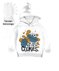 Cookie Monster Me Just Here for the Cookies Baskılı Beyaz Çocuk Dinozor Kapşonlu Hoodie