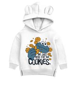 Cookie Monster Me Just Here for the Cookies Baskılı Beyaz Unisex Çocuk Ayı Hoodie Kapşonlu