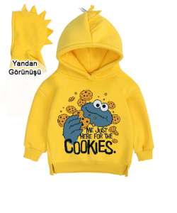 Cookie Monster Me Just Here for the Cookies Baskılı Sarı Çocuk Dinozor Kapşonlu Hoodie