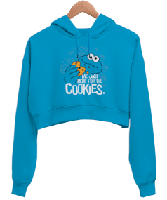 Cookie Monster Me Just Here for the Cookies Baskılı Turkuaz Kadın Crop Hoodie Kapüşonlu Sweatshirt