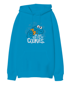 Cookie Monster Me Just Here for the Cookies Baskılı Turkuaz Oversize Unisex Kapüşonlu Sweatshirt