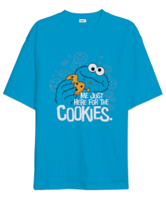 Cookie Monster Me Just Here for the Cookies Baskılı Turkuaz Oversize Unisex Tişört