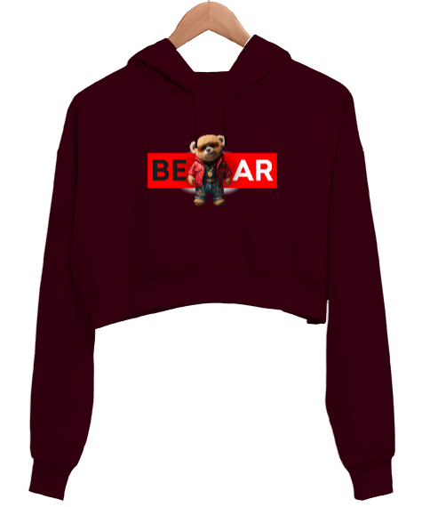 Tisho - Cool Bear - Ayı Bordo Kadın Crop Hoodie Kapüşonlu Sweatshirt