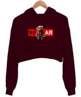 Cool Bear - Ayı Bordo Kadın Crop Hoodie Kapüşonlu Sweatshirt - Thumbnail