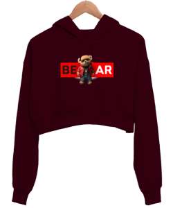 Cool Bear - Ayı Bordo Kadın Crop Hoodie Kapüşonlu Sweatshirt