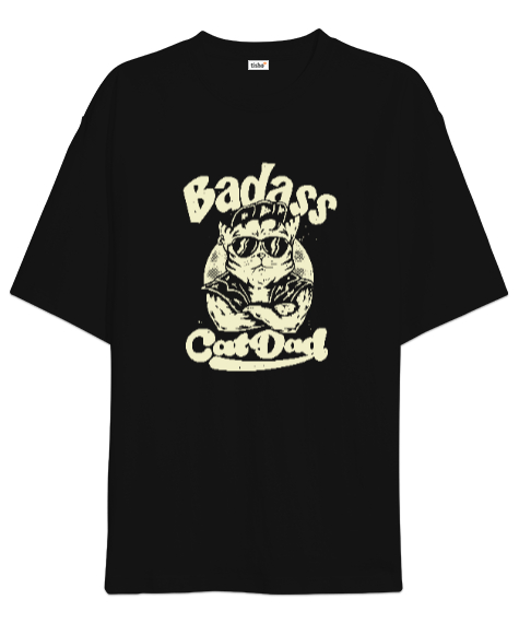 Tisho - Cool Cat Dad - Havalı Baba Siyah Oversize Unisex Tişört