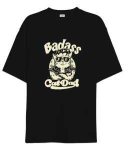 Cool Cat Dad - Havalı Baba Siyah Oversize Unisex Tişört