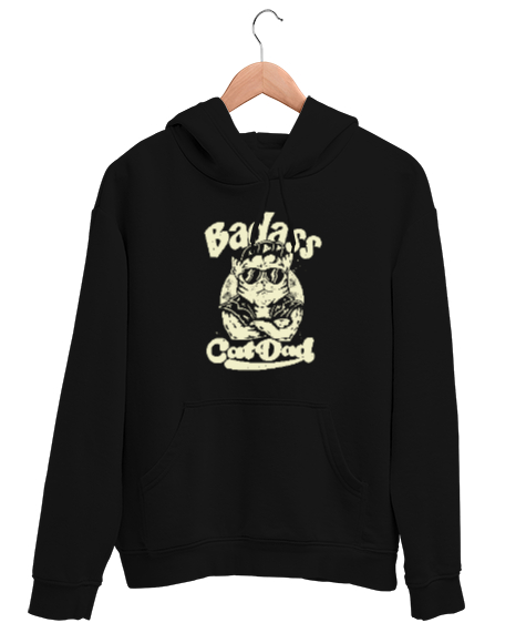 Tisho - Cool Cat Dad - Havalı Baba Siyah Unisex Kapşonlu Sweatshirt