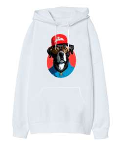 cool köpek Beyaz Oversize Unisex Kapüşonlu Sweatshirt