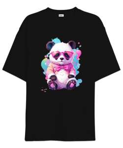 Cool Panda Tasarımı Baskılı Siyah Oversize Unisex Tişört