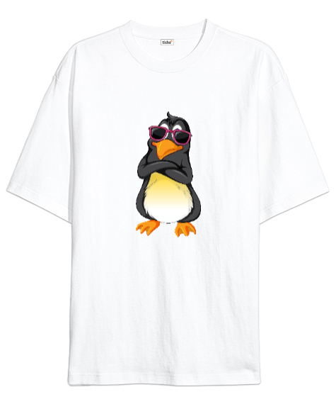 Tisho - Cool Penguen Beyaz Oversize Unisex Tişört