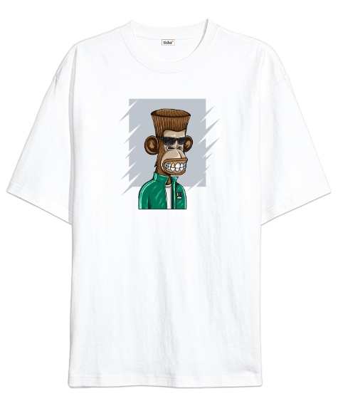 Tisho - Cool Şempanze - Maymun - Monkey Beyaz Oversize Unisex Tişört