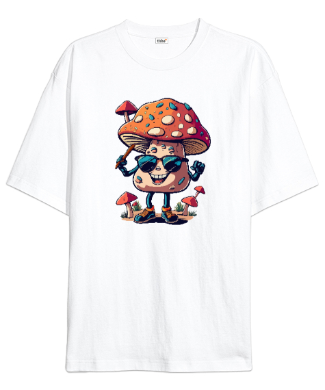 Tisho - Cool Sevimli Mantar - Mushroom Beyaz Oversize Unisex Tişört