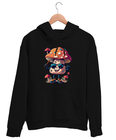 Tisho - Cool Sevimli Mantar - Mushroom Siyah Unisex Kapşonlu Sweatshirt