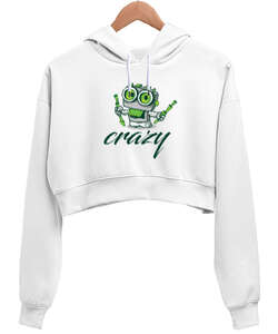 Crazy Beyaz Kadın Crop Hoodie Kapüşonlu Sweatshirt