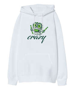 Crazy Beyaz Oversize Unisex Kapüşonlu Sweatshirt