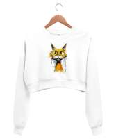 Crazy Cat - Deli Kedi Beyaz Kadın Crop Sweatshirt - Thumbnail