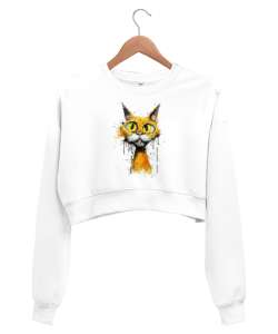 Crazy Cat - Deli Kedi Beyaz Kadın Crop Sweatshirt