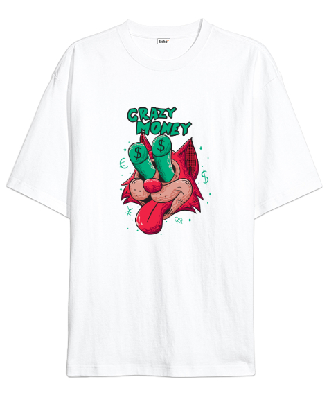 Tisho - Crazy Cat Money - Çılgın Kedi Beyaz Oversize Unisex Tişört