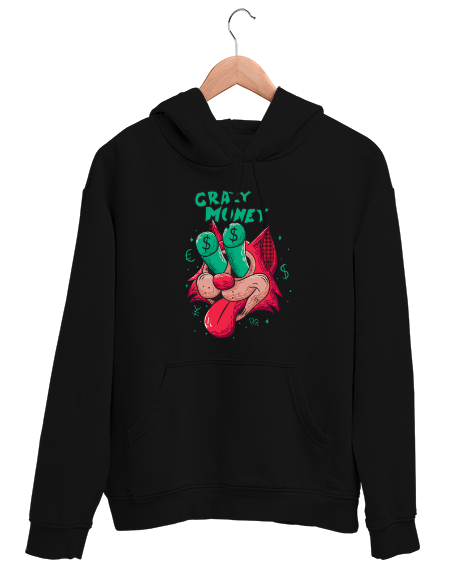 Tisho - Crazy Cat Money - Çılgın Kedi Siyah Unisex Kapşonlu Sweatshirt