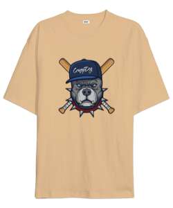 Crazy dog baskılı Camel Oversize Unisex Tişört