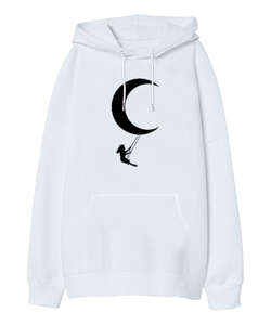 Crescent Beyaz Oversize Unisex Kapüşonlu Sweatshirt