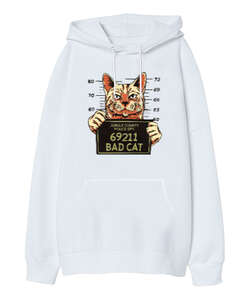 Criminal Cat Beyaz Oversize Unisex Kapüşonlu Sweatshirt