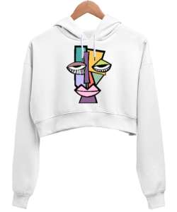 CUBIC ART Beyaz Kadın Crop Hoodie Kapüşonlu Sweatshirt