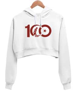 CUMHURİYETİN 100. YILI ANITKABİR GAZİ MUSTAFA KEMAL ATATÜRK TEMALI Beyaz Kadın Crop Hoodie Kapüşonlu Sweatshirt